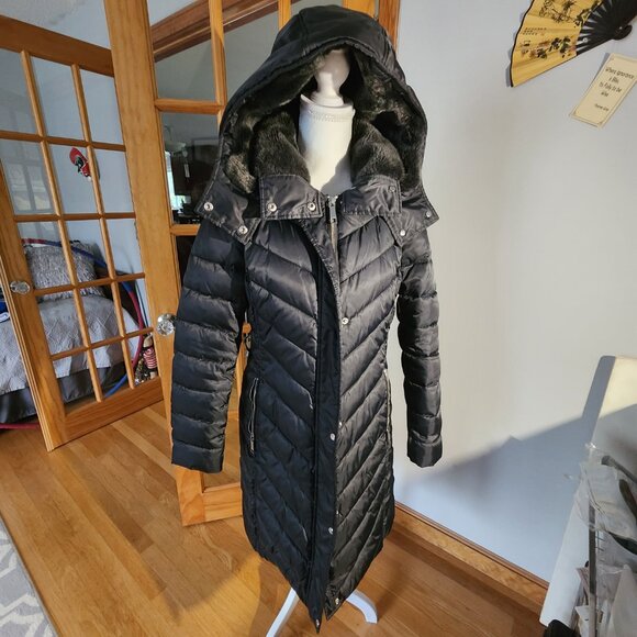 Nine West Faux Fur Collar & Hood Chevron Puffer Coat Jacket Parka Black Sz Small - Picture 5 of 13